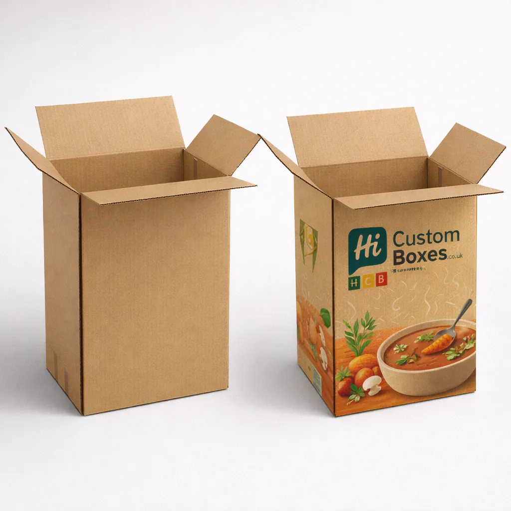 Two large brown corrugated cardboard boxes, with one side displaying a printed bowl of carrot soup. class=